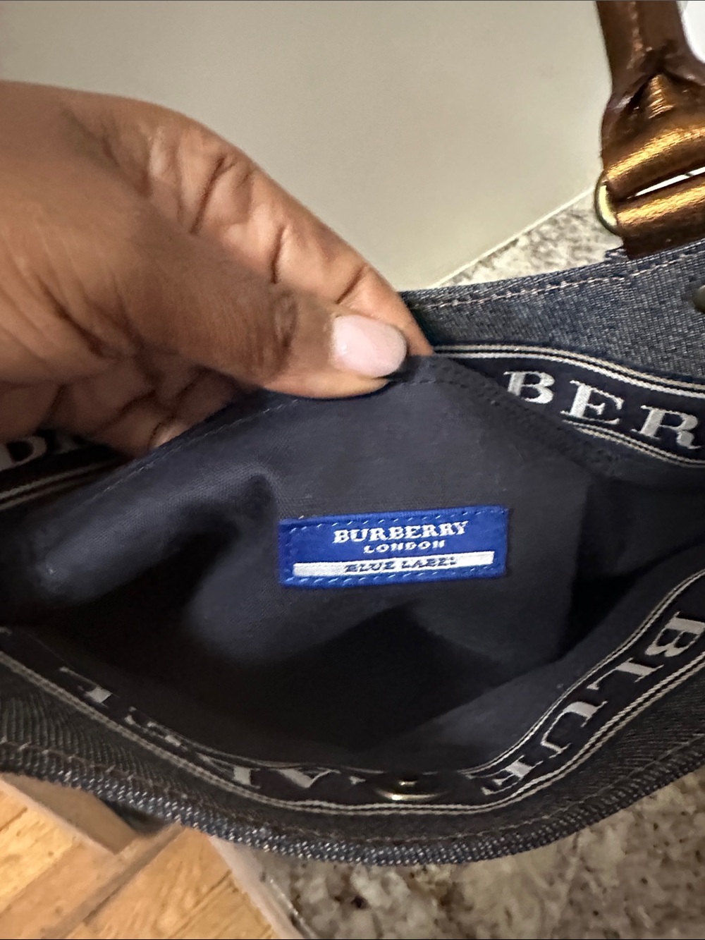 Burberry Denim Shoulder Tote in Dark Blue with Brown Accents - Picture 10 of 11
